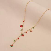Freegrow 1pc Cherry & Strawberry Crystal Stainless Steel Y-Shaped Necklace, Suitable For Daily Wear