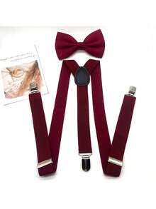 1 Set Men's Burgundy Red Casual Bowtie & Suspenders Set, With Suspender Clips