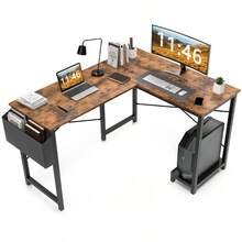 Black Reversible L-Shaped Computer Desk With Wooden Desktop | CPU Stand & Side Storage Bag | Space-Saving Design - Brown - View 1