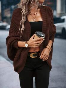 Áo khoác cardigan nữ kiểu dáng thanh lịch, chất liệu móc len, màu trơn, tay cánh dơi, thích hợp mặc hàng ngày và trong các dịp lễ, mùa đông. - Màu nâu Sô-cô-la - Xem 5