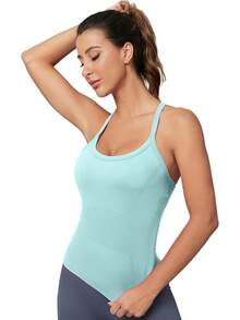 Workout Tops Women With Built In Bra, Sleeveless Gym Tops Seamless Racerback Athletic Yoga Shirts, Activewear - 青藍色 - 查看 3