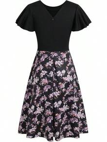 Women's Semi-Formal Ruffle Sleeve V-Back Work Fit And Flare Cocktail Knee Length Dress With Pockets, 2025 Style - Black Purple - 查看 4