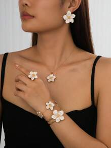1 Set Luxury Resort Style White Flower Shaped Bracelet, Ring, Necklace, Earrings Women's Jewelry Set, Gift For Date, Couple