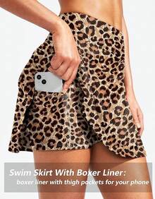 Traje de baño de falda alta con bolsillos con cremallera y control de barriga para mujer, Bottom de tankini - Leopardo - Ver 4