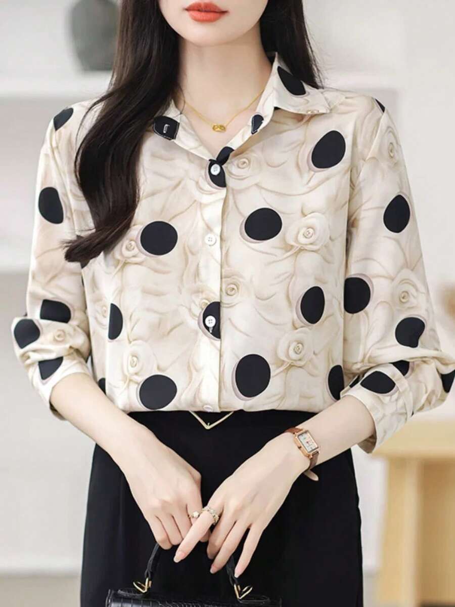 Áo sơ mi nữ chấm bi họa tiết hoa, kiểu dáng thường ngày, thích hợp cho mùa xuân. - Màu be - Xem 1