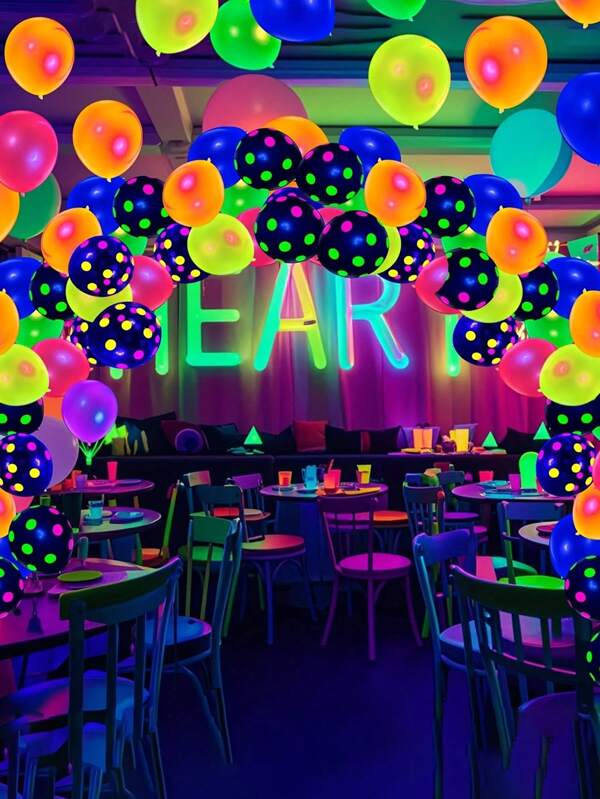 90pcs Neon Balloons, 12-Inch Ultraviolet Fluorescent Polka Dot Black Light Reaction Atmosphere Balls, Night Party Decoration Items, Essential For Birthdays, Weddings, And Surprise Parties, No Power Required, Mixed Colors, Latex Material