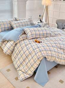 Juego de ropa de cama para dormitorio de 4 piezas (1 funda de edredón + 1 sábana + 2 fundas de almohada), de tela suave y amigable con la piel, con envoltura antideslizante de 360 grados, sin blanqueadores ópticos, transpirable, absorbente, duradero, lavable, cálido, adecuado para dormitorio, habitación de invitados, dormitorio de estudiantes, habitación infantil, toda la familia