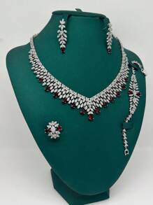 5 pièces/Set Ensemble de bijoux de mariage de luxe pour mariée, femme, fête - Collier, boucles d'oreilles, bracelet, bague, cubique zircone, bleu, blanc, noir, rouge. Idéal pour la fête des mères, la Saint-Valentin