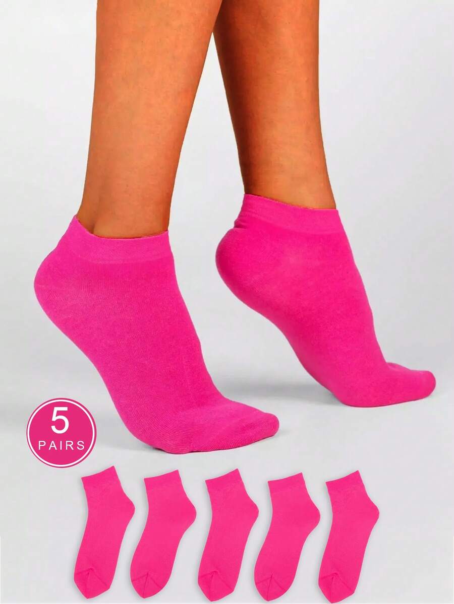 5 Pairs Rose Red Low Cut Breathable Simple Style Women Socks, Thin Casual Socks Great For Travel And Daily Wear Christmas Gift - Hot Pink - View 1