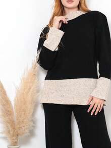 Oversize Knit Set In Plain Mousse Yarn With Striped Detail On The Hem, Autumn Winter - Black - View 2