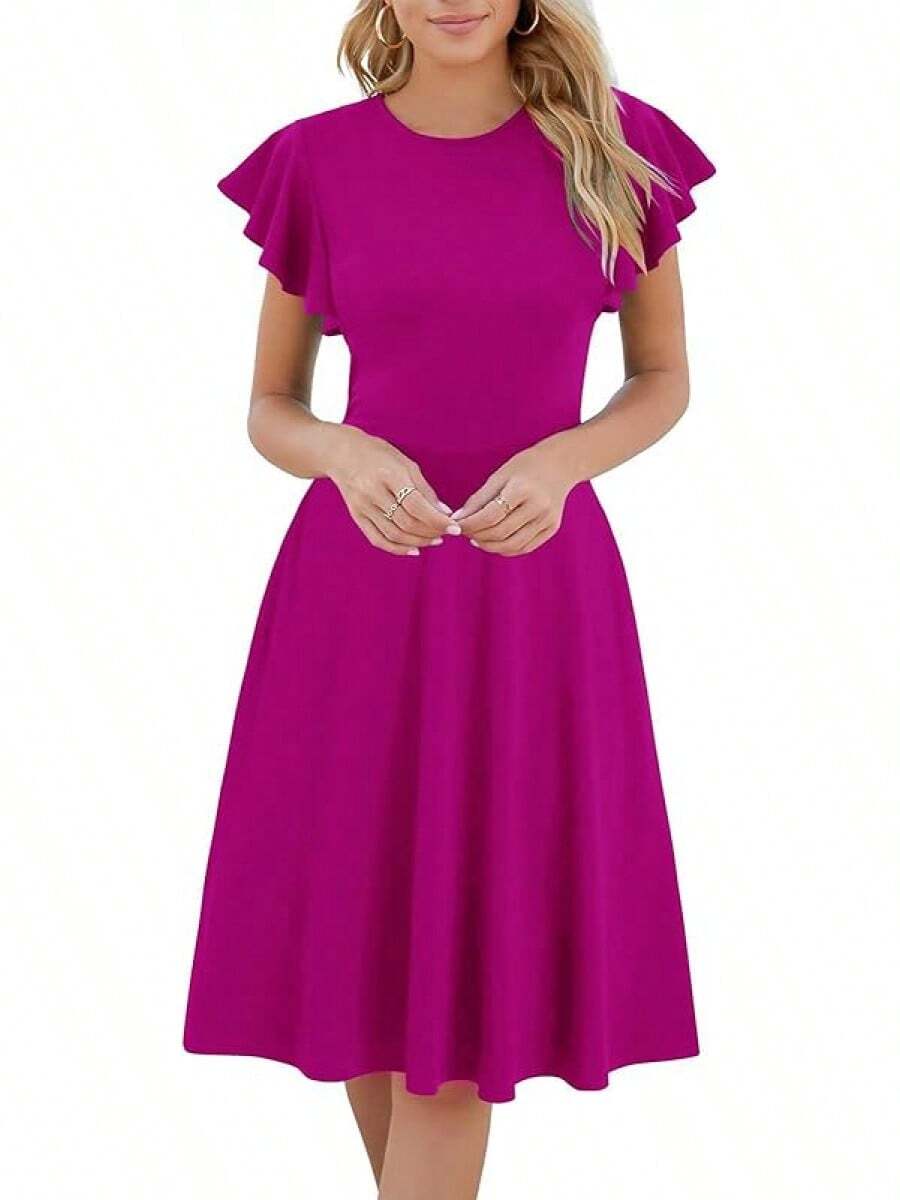 Vestido de cóctel de longitud hasta la rodilla con volantes en las mangas, escote en V en la espalda, ajuste entallado y vuelo, con bolsillos, estilo 2025 para ocasiones semiformales - Rojo púrpura - Ver 1