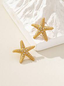 1 Pair Fashionable & Elegant Rhinestone Starfish Stud Earrings, Shiny Accessory Suitable For Daily Wear And Vacation, Beach Outfit - Yellow Gold - View 2