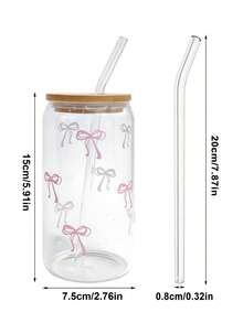 1个带竹盖和吸管的玻璃杯，啤酒罐造型，可作水杯、冰咖啡杯、奶昔杯、水果杯、果汁杯，粉色蝴蝶结印花，可重复使用，夏季饮品杯，大容量户外旅行便携饮料果汁杯，适合家庭、办公室、聚会、生日派对、节日、圣诞节等场合，冬夏皆宜。 - 粉色 - 查看 8