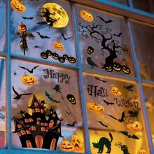 1 juego de pegatinas para ventanas de Halloween, pegatinas para ventanas de estilo moderno de PVC con diseños de castillo, murciélago y esqueleto, adecuadas para la decoración del hogar, la sala de estar, el dormitorio y la fiesta de vacaciones