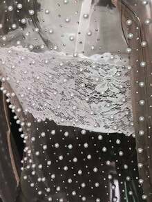 Women See Sheer Sparkle Pearl Rhinestone Studded Top Round Neck Long Sleeves See Through Mesh Blouse For Wedding Guests - Nude - 查看 4