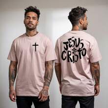 Men's Slim Cross Jesus Christ Round T-Shirt Shirt - 淺粉色 - 查看 1