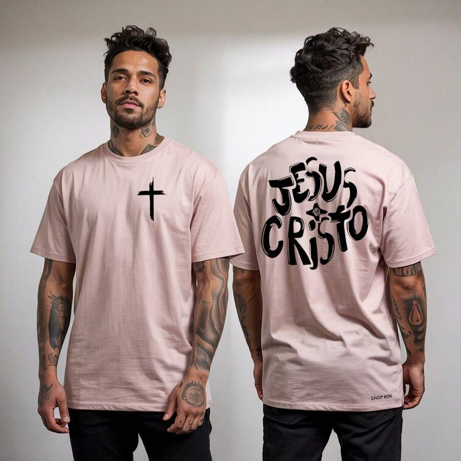 Men's Slim Cross Jesus Christ Round T-Shirt Shirt - 淺粉色 - 查看 1