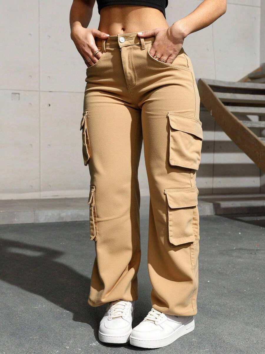 Pantalones cargo de mujer de color beige, estilo amplio y práctico, ideal para looks casuales y urbanos - Café integral - Ver 1