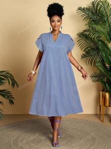 BIUBIU Vestido holgado de talla grande para mujer con cuello en V con volantes, mangas cortas, estampado geométrico, para uso diario, vacaciones y comodidad (patrón aleatorio)