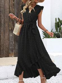 Vestido Largo De Color Sólido Para Mujer Con Cinturón De Tela,Vestido Con Olán y Corte Bajo Asimétrico - Negro - Ver 3