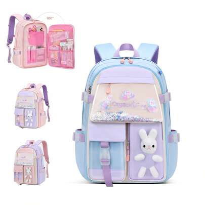 Mädchen Rucksack mit Hase-Motiv, Hasen Schulrucksack, Rucksack, wasserdichter Schulrucksack mit großem Fassungsvermögen geeignet für 1.-6. Klasse