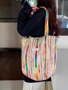新款秋冬女士羊毛单肩包，时尚彩虹条纹休闲大容量手提包，适合大学生、高中生、办公室通勤、购物、旅行、健身、百搭穿搭 - 杏色 - 查看 2