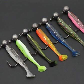 50pcs Lead Head Hook Anti-Snag Bass Lure Soft Bait T-Tail Soft Worm Fishing Hook Set For Bass, Crappie