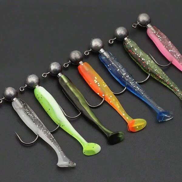 50 piezas Conjunto de anzuelos con cabezal de plomo antienganches, señuelo de gusano suave con cola en T para pesca de lubina y crappie
