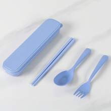 Japanese Creative Wheat Straw Portable Tableware Box Three-Piece Set Cute Chopstick Box Long Handle Spoon Fork