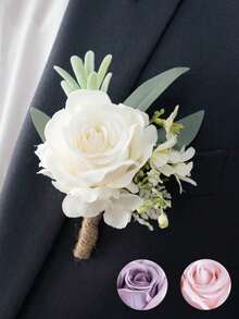 男士象牙色玫瑰胸花，新郎及伴郎适用，人造花，腕花，适合婚礼、周年纪念、正式晚宴、秋季复古乡村婚礼、情人节等场合佩戴。
