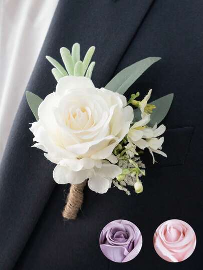1pc Ivory Rose Boutonniere For Men, Groom And Groomsmen, Artificial Flower, Wrist Corsage, Suitable For Wedding Ceremony, Anniversary, Formal Dinner, Autumn Vintage Country Wedding Valentine's Day Accessories