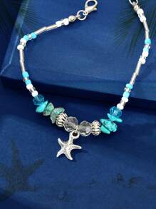 1pc Bohemian Handmade Turquoise Beaded Chain Silver Charm Anklets Summer Holiday Beach Foot Jewelry