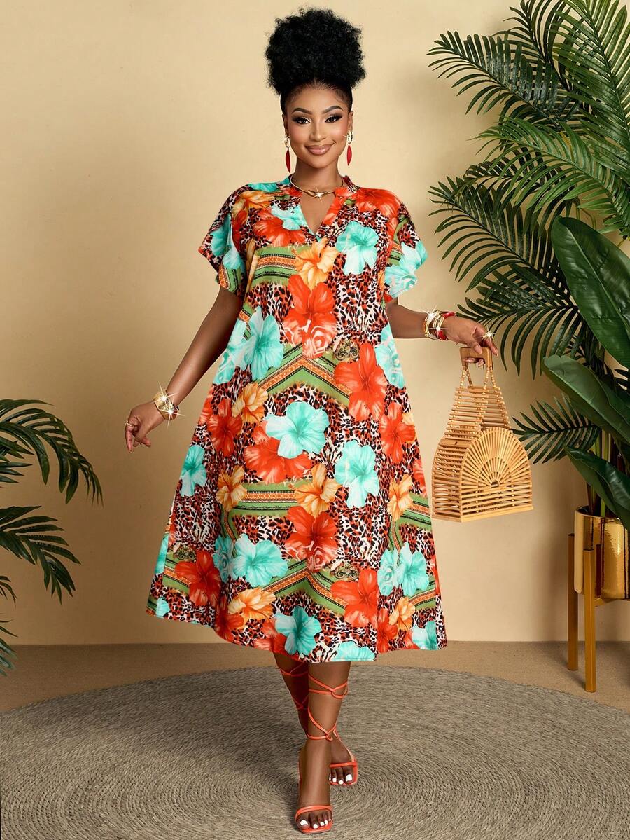 BIUBIU Plus Size Women's Casual Geometric Print V-Neck Ruffle Sleeve Loose Mid-Length Dress, Suitable For Daily, Vacation (Pattern Random) - Orange - View 1