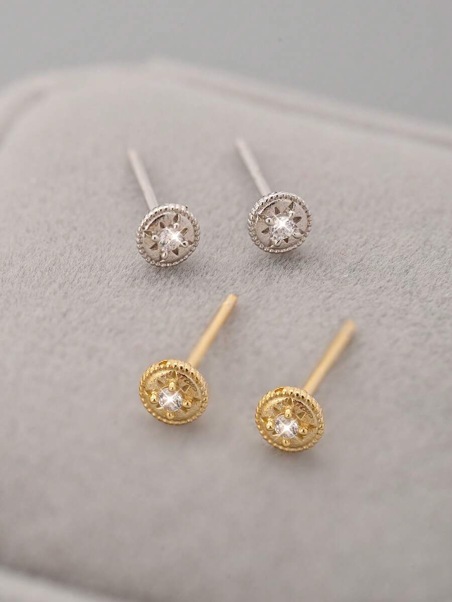 1 对 S925 纯银浮雕荷叶边小圆形耳钉，女士珠宝配饰，适合通勤、日常佩戴、约会、婚礼、生日礼物 - 圓形 - 查看 1