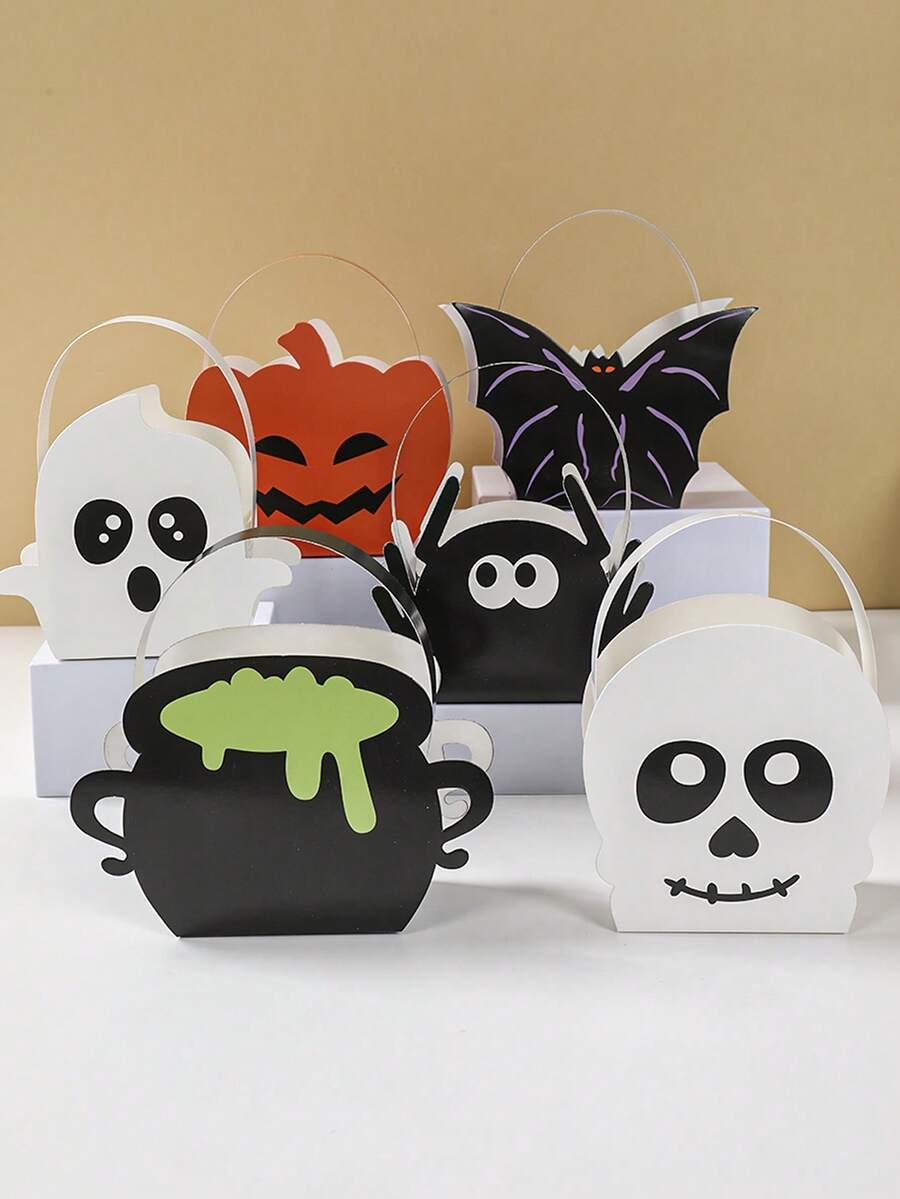 6 件万圣节提篮纸质礼盒，带手柄，可爱南瓜鬼图案讨糖礼物糖果零食包装盒，万圣节派对用品，2025 年万圣节快乐派对装饰，桌面装饰，房间装饰，家居装饰，万圣节礼物装饰