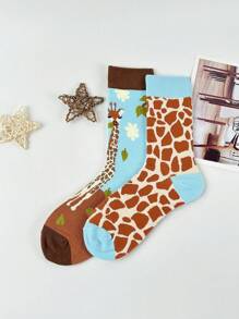 جوارب نسائية متوسطة الطول بتصميم كرتوني ثنائي اللون على طراز AB بتصميم زرافة، أنيقة وجذابة للخريف