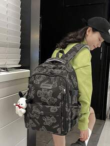 可爱小熊印花休闲背包，大容量，学生风，清新气息，带挂坠，适合学生