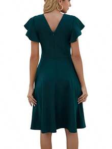 Women's Semi-Formal Ruffle Sleeve V-Back Work Fit And Flare Cocktail Knee Length Dress With Pockets, 2025 Style - Teal - 查看 2