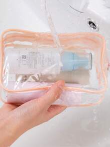 1 pieza Bolsa de cosméticos portátil de PVC, bolsa de aseo transparente, organizador de viaje para niñas, impermeable, almacenamiento, baño, almacenamiento de pañales (color/estilo aleatorio)