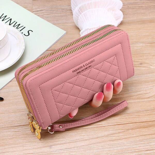 Women's Long Wallet With Double Zipper, Large Capacity Phone Pouch, Rhombus Pattern & Letter Decor, Suitable For Daily Use, School/Graduation Gifts, Work, Shopping, Wedding, Mother's Day