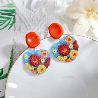 1 Pair Vintage Oil Painting Floral Drop Earrings