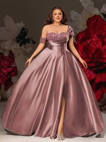 VIPGIRL Pink Sequin Satin One Shoulder Formal Dress For Women With High Slit, Elegant Plus Size Evening Gown, Long Prom Dress, Wedding Guest Dress, Luxury Party Dress, Glamorous Cocktail Dress, Dresses For Women Formal, Plus Size Gown