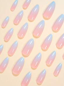 使用 24 件杏仁浅蓝色渐变尖头按压指甲改变您的指甲，中等贴合完美设计亚克力假指甲套装包含 1 件果冻胶和 1 件指甲锉，适合女性和女孩的夏季指甲，可用于日常工作学习和派对使用 - 淺藍色 - 查看 3