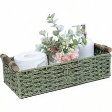 THYFFFRound Paper Rope Storage Basket Wicker Baskets For Organizing With Handle Decorative Storage Bins For Countertop Toilet Paper Basket For Toilet Tank Top Small Baskets Green - Green - View 1