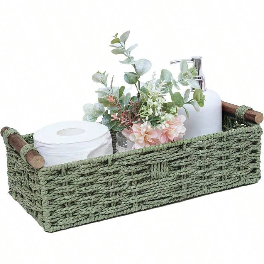 THYFFFRound Paper Rope Storage Basket Wicker Baskets For Organizing With Handle Decorative Storage Bins For Countertop Toilet Paper Basket For Toilet Tank Top Small Baskets Green - Green - View 1