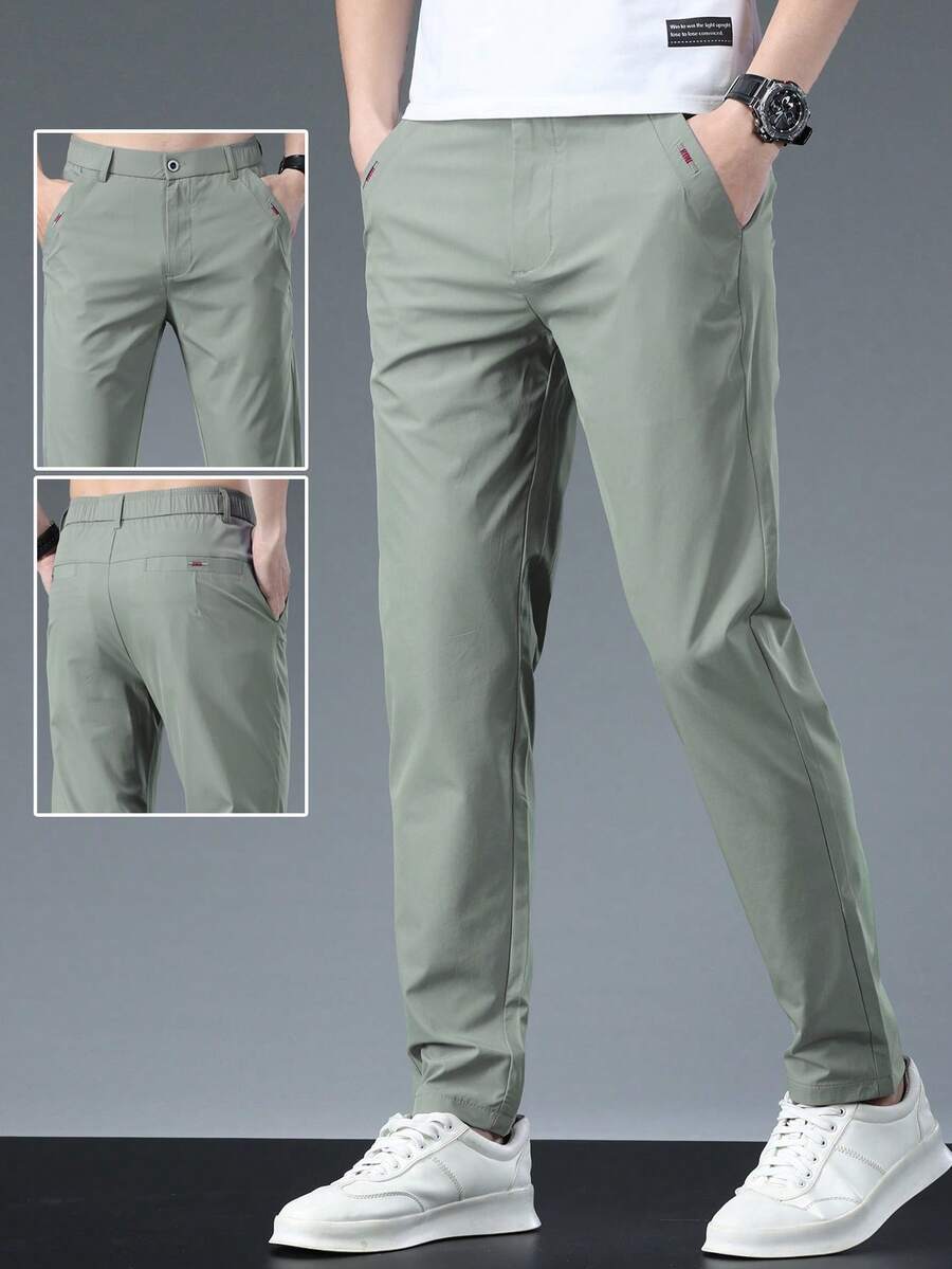 Men Solid Color Casual Tapered Pants With Pockets, Fall - Grass Green - View 1