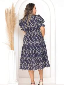 Women's Fashion Midi Dress In 3D Laise Fabric With Elastex On The Back And Button On The Front And Lining - 雙色海軍藍 - 查看 2