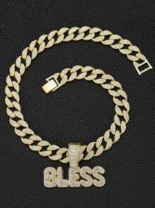1pc Punk Rock Cuban Link Necklace For Men & Women - Shiny BLESS Pendant With Rhinestone Accents, Golden-Tone Chain, Unisex Hip Hop Jewelry Gift For Birthday, Mother's Day, Father's Day