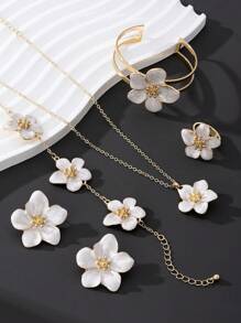 1 Set Luxury Resort Style White Flower Shaped Bracelet, Ring, Necklace, Earrings Women's Jewelry Set, Gift For Date, Couple
