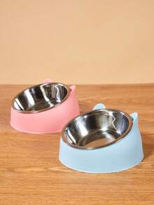PETSIN Stainless Steel Elevated Cat Bowl With Cute Ear Stand - Tilted 2-In-1 Feeder And Water Dispenser, Protects Neck